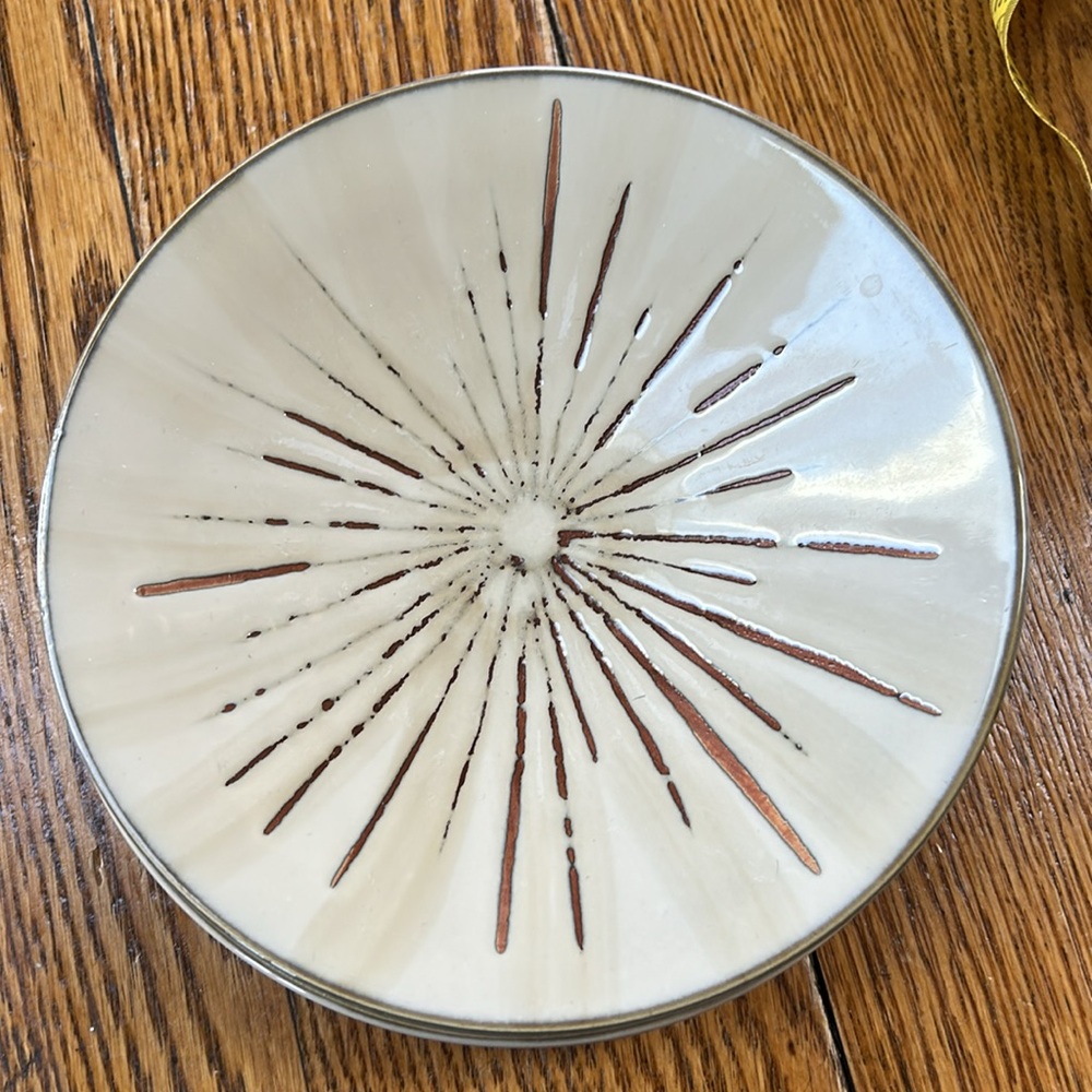 Pier 1 stoneware 8.5” salad plate in Sanctuary pattern.  Cream, gray and brick.